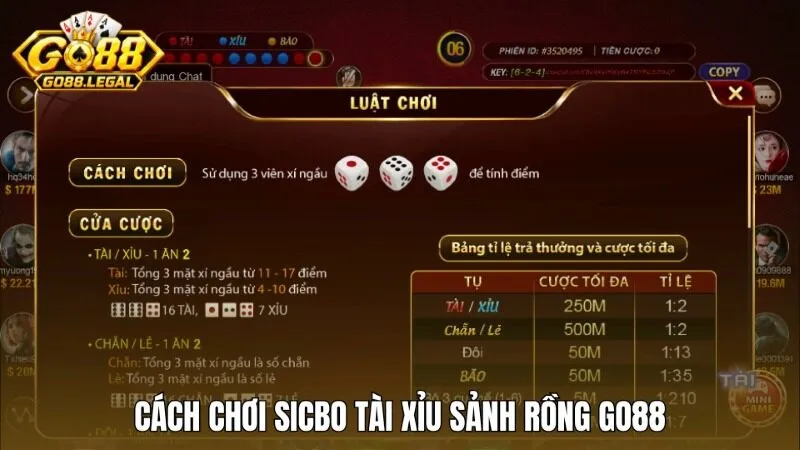 Cách chơi và hệ thống cửa cược Sicbo tài xỉu sảnh rồng Go88