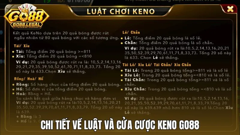Chi tiết các cửa cược Keno Go88 theo luật chơi 