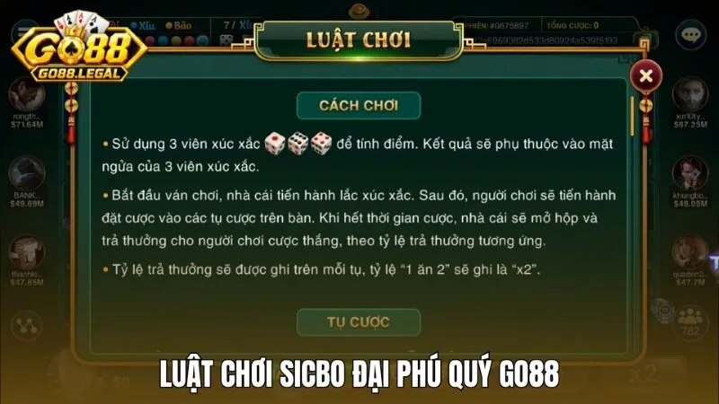 Luật chơi và quy trình một ván cược Sicbo đại phú quý Go88