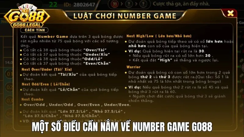 Các cửa cược trong Number game Go88 theo luật chơi