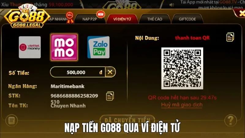 Nạp tiền vào Go88 qua ví điện tử